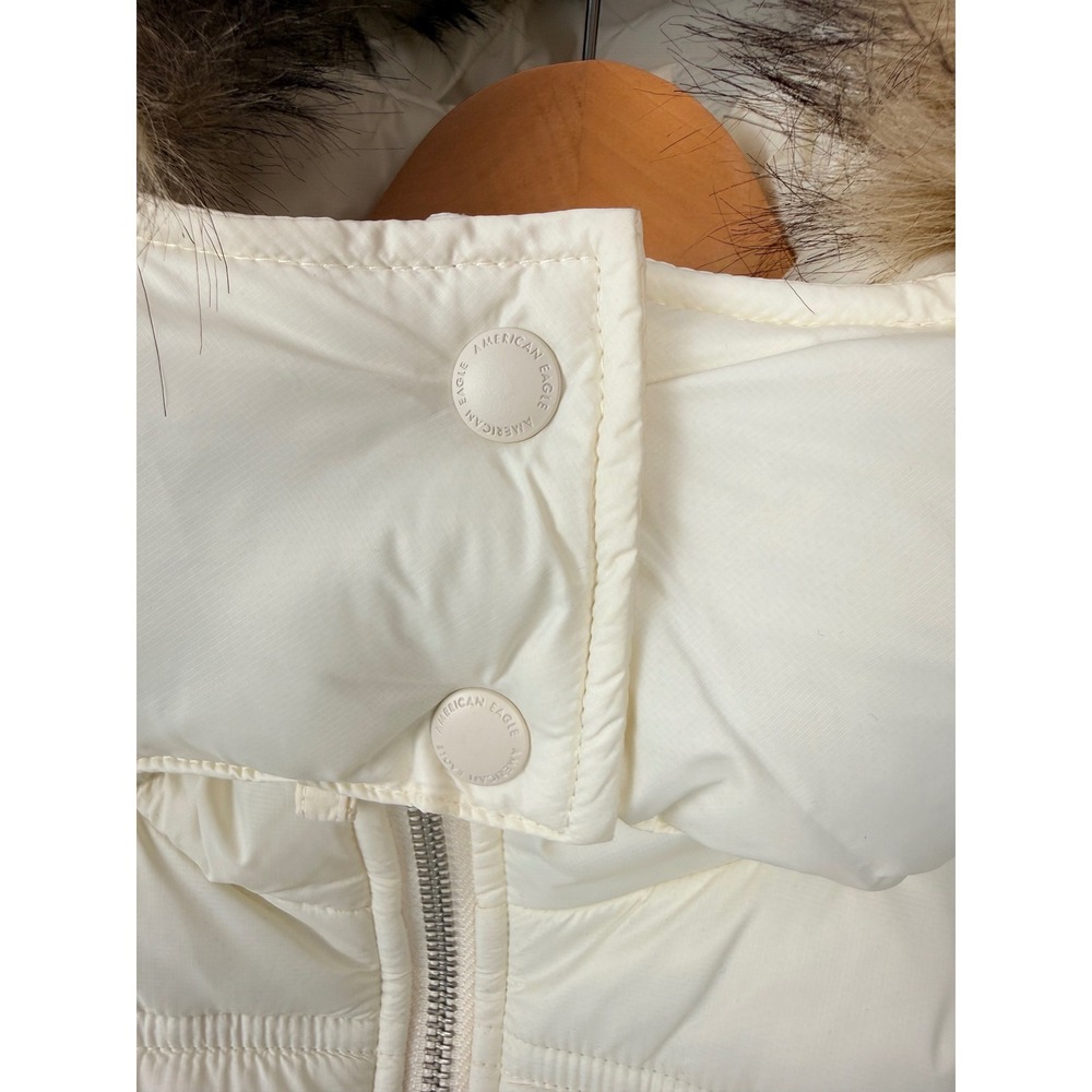 American Eagle XL Cream Quilted Puffer Vest Faux Fur Hood Full Zip Women's - Picture 12 of 12